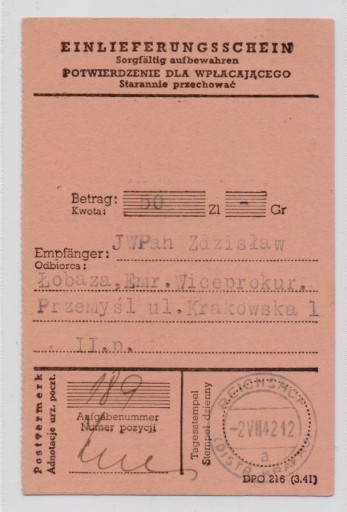 Zdjęcie oferty: GG potwierdzenie wpłaty - Reichshof (Rzeszów) 1942