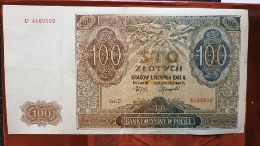 Zdjęcie oferty: Banknot Polska (Kraków) 100 zł 1941.stan!