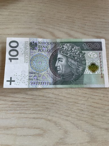 Zdjęcie oferty: Banknot 100 zł FF77777 seria 7 szczęśliwy 
