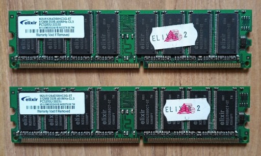 Zdjęcie oferty: Pamięć RAM 2x 512MB DDR 400 Elixir M2U51264DS8HC3G