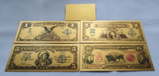 Zdjęcie oferty: BANKNOTY POZŁACANE 24K - KOMPLET 4 szt  USA 1899 r