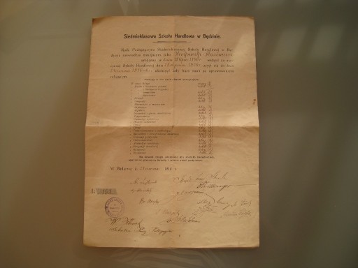 Zdjęcie oferty: SZKOŁA HANDLOWA W BĘDZINIE 1916 DYPLOM UNIKAT