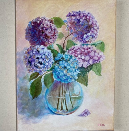 Zdjęcie oferty: Bukiet hortensji ręcznie malowany akryl 40x30 cm