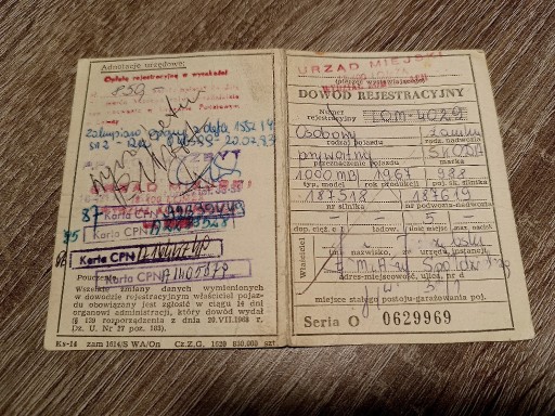 Zdjęcie oferty: Dowód rej. kolekcjonerski Skoda 1000MB 1967 r.