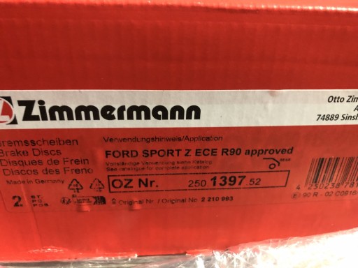 Zdjęcie oferty: Tarcze hamulcowe zimmermann sport 250.1397.52 ford