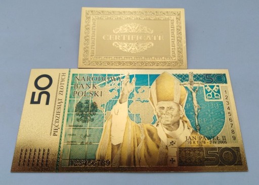 Zdjęcie oferty: Banknot pozłacany 24k  50 zł Jan Paweł II  POLSKA