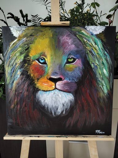 Zdjęcie oferty: Obraz olejny 50x50 "Król sawanny" kolorowy lew