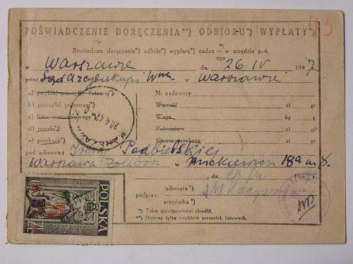 Zdjęcie oferty: Poświadczenie wypłaty, Sąd Arcybiskupi, W-wa, 1947