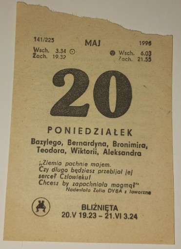 Zdjęcie oferty: kartka z kalendarza - poniedziałek 20 maja 1996 r.