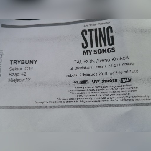 Zdjęcie oferty: Bilety Sting 2.11.2019 Kraków 