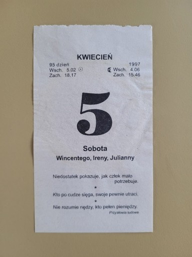 Zdjęcie oferty: Kartka z kalendarza oryginał 5 kwietnia 1997