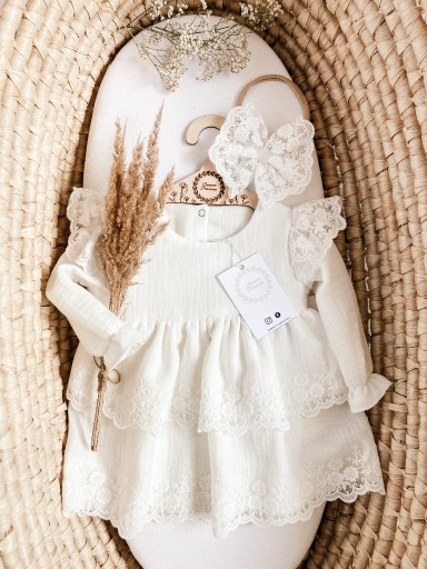 Zdjęcie oferty: Sukienka do chrztu muślin boho koronka ecru 86
