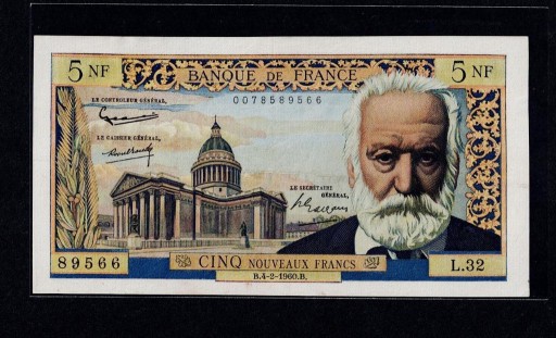 Zdjęcie oferty: FRANCJA 5 NOWYCH FRANKÓW 1960 VICTOR HUGO P#141 XF