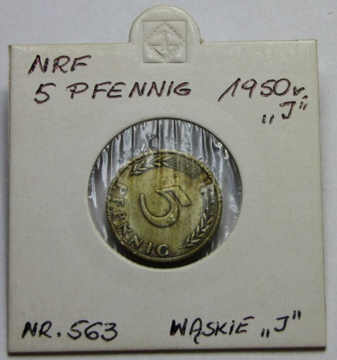 Zdjęcie oferty: NRF NIEMCY 5 Pfennig 1950 wąskie J nr 563