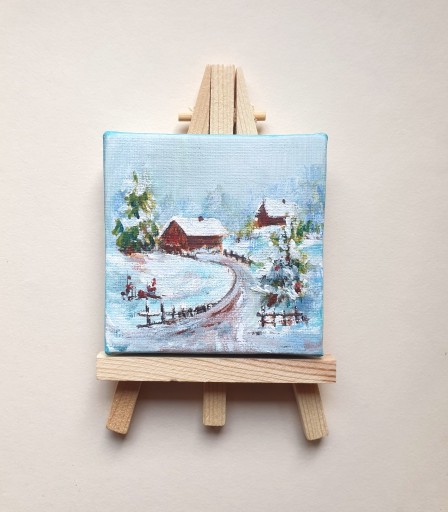 Zdjęcie oferty: Mini obraz ręcznie malowany zima góry+sztaluga