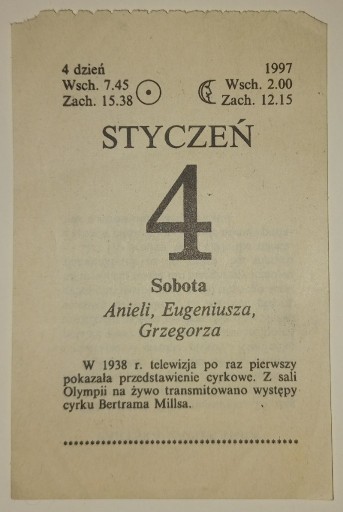 Zdjęcie oferty: kartka z kalendarza - sobota 4 stycznia 1997 roku