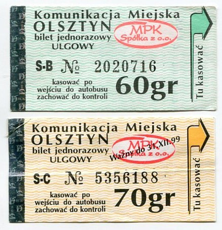 Zdjęcie oferty: Bilet MPK Olsztyn -60gr, 70gr / Ulgowe