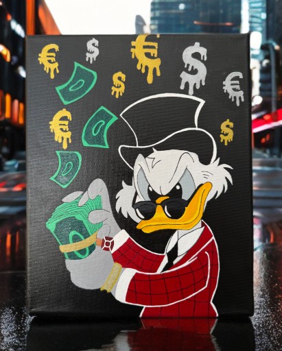 Zdjęcie oferty: Obraz pop-art – Sknerus McKwacz z pieniędzmi, symbol bogactwa, 24x30 cm