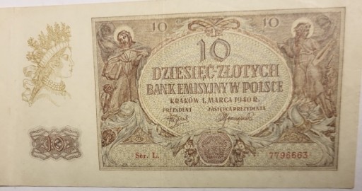 Zdjęcie oferty: Banknot 10 Złotych,1940 rok ,seria L