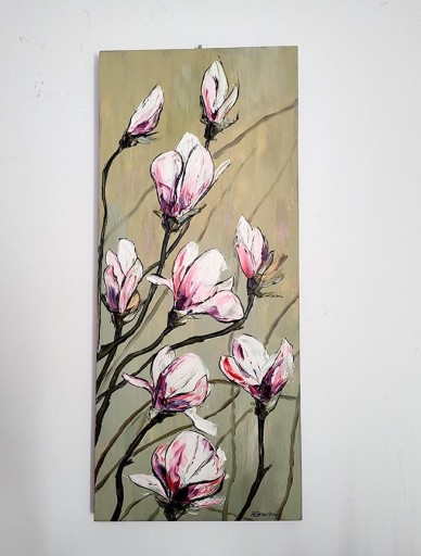 Zdjęcie oferty: Obraz olejny, deska, magnolia, kwiaty