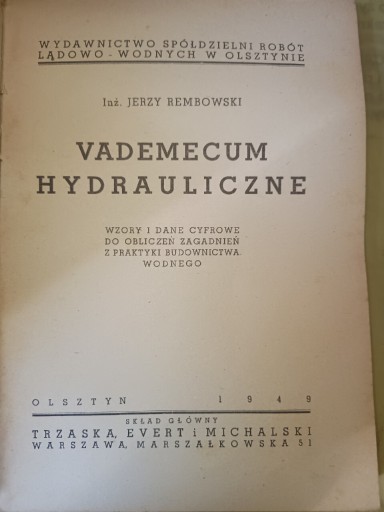 Zdjęcie oferty: Vademecum hydrauliczne, J. Rembowski.