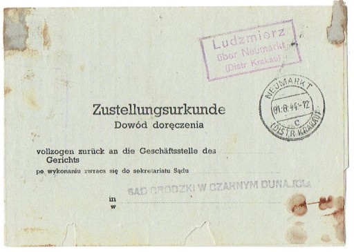 Zdjęcie oferty: GG - Dowód doręcz. z Ludźmierza k. N.Targu 1944 