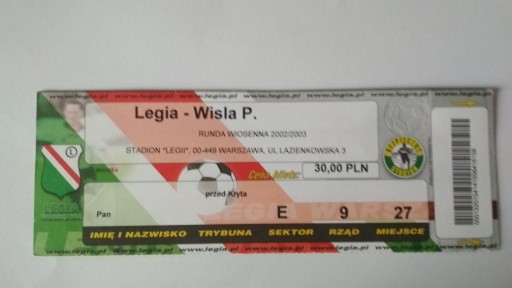 Zdjęcie oferty: Bilet Legia Warszawa - Wisła Płock 2002/2003