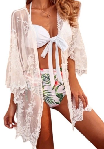 Zdjęcie oferty: Kimono narzutka pareo na strój kąpielowy plaża wakacje lato koronka 