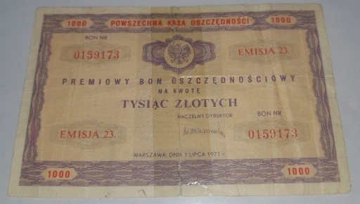 Zdjęcie oferty: Premiowy Bon Oszczędnościowy 1000 zł, 1971 rok