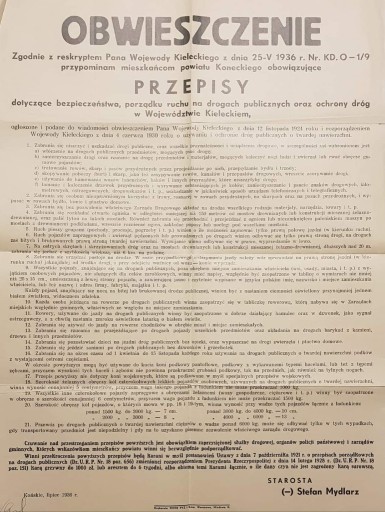 Zdjęcie oferty: Obwieszczenie o ruchu drogowym Końskie Kielce 1936