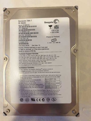 Zdjęcie oferty: SEAGATE BARRACUDA 80GB 7.2K 2MB ATA 3.5' ST380011A