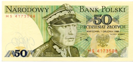 Zdjęcie oferty: PRL 50 ZŁOTYCH 1988, SERIA HS  KAROL ŚWIERCZEWSKI