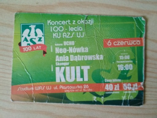 Zdjęcie oferty: Stary bilet wstępu na koncert - KULT, Neo-Nówka