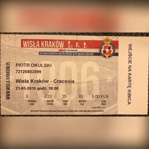 Zdjęcie oferty: Bilet piłkarski. Derbowy Wisła Cracovia ’15