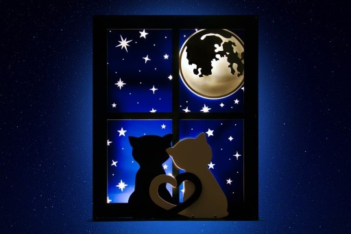 Zdjęcie oferty: Metalowa lampka nocna - obraz rama, zakochane koty w oknie na tle nocy