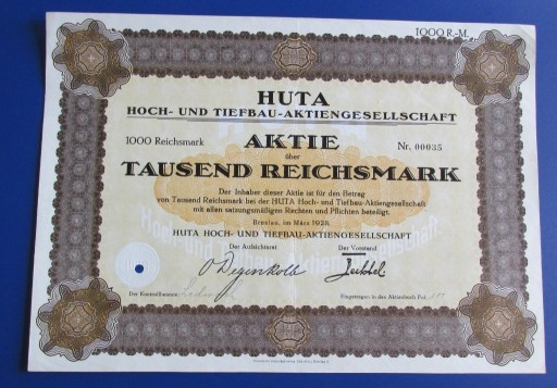 Zdjęcie oferty: Wrocław Breslau Hoch- und Tiefbau AG 1000 mk 1928