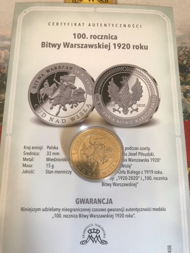 Zdjęcie oferty: 100 rocznica Bitwy Warszawskiej 1920 MEDAL+dodatki