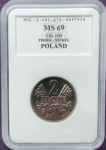 Zdjęcie oferty: 2 ZŁ JAGODY - moneta kolekcjonerska próbna 1959 rok - nikiel - MS 69  