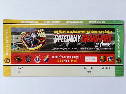Zdjęcie oferty: Bilet Speedway Grand Prix SGP 17.05.2003 Chorzów
