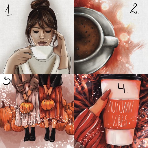 Zdjęcie oferty: Obrazy plakaty jesień, kawa, dziewczyna halloween