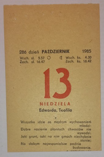 Zdjęcie oferty: kartka z kalendarza niedziela 13 października 1985