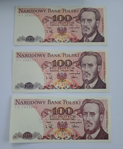 Zdjęcie oferty: Banknoty PRL 100zł 3szt PTx2 i TE
