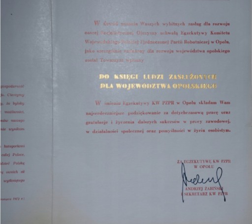 Zdjęcie oferty: Andrzej Żabiński I sekretarz KW PZPR Opole podpis