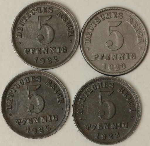 Zdjęcie oferty: 4 x 5 Fenigów Pfennig: 1922 i 1920 G Mennicze