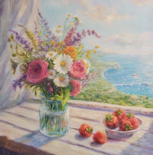 Zdjęcie oferty: Bukiet kwiatów z widokiem na morze obraz olejny ręcznie malowany od autora