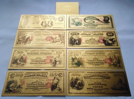 Zdjęcie oferty: Banknoty pozłacane 24k  8 szt 1875 rok komplet USA