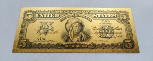 Zdjęcie oferty: Banknot pozłacany 5 dolarów INDIANIN  USA 1899 rok