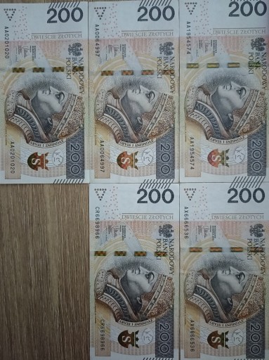 Zdjęcie oferty: Banknoty 200 zł radary niskie numery ciekawe 5 szt