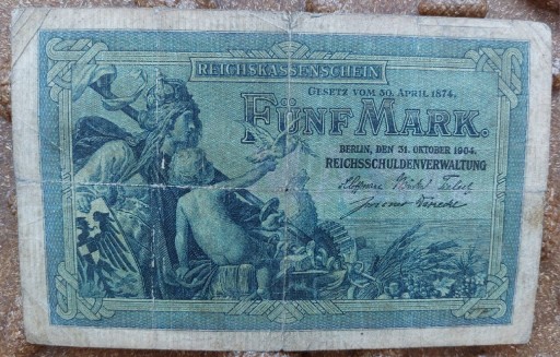 Zdjęcie oferty: Banknot 5 marek, Niemcy, 1904 R.