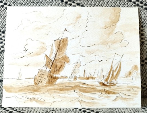 Zdjęcie oferty: Akwarela obraz Okręty sepia ręcznie malowany